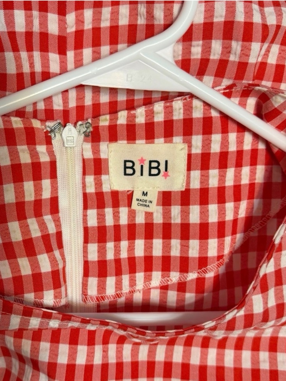 BiBi Red and White Gingham Short Sleeve Tiered Midi Dress with Sleeve Detail - Picture 3 of 5